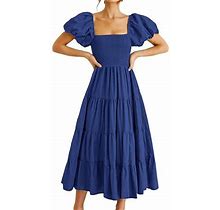 Dondpo Midi Dresses For Women Summer Dresses Square Neck Backless Puff Sleeve Pleated Short Sleeve Dress Beach Dresses Womens Dresses Navy Dress L