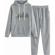 Ladies' Christmas Casual Tracksuit With Tree Print Hoodie And Long Pants Set