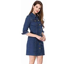 Women's 3/4 Sleeve Button Down Denim Slim Fit Shirt Dress, Size: Large, Blue