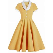 Women's Retro Formal Dress 50S Vintage Lapel Button Down Short Sleeve Swing Prom A-Line Midi Dress With Pockets