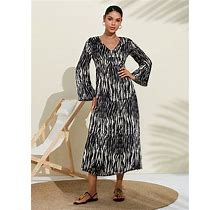 Neva Black & White Spotted Print Bubble Satin V Neck Flared Sleeve Lace Up Vacation Midi Dress