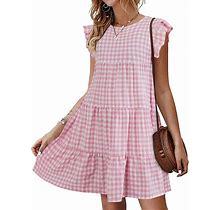 Imysty Womens Summer Mini Dress Casual Sleeveless Ruffle Sleeve Round Neck Flowy Pleated Babydoll T-Shirt Dress