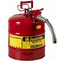 Justrite 5 Gallon Type II Red Steel Gas / Flammables Accuflow Safety Can With 1" Diameter Metal Hose And Flame Arrester 7250130
