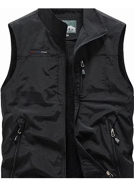 Spring/Fall Non-Stretch Casual Photography, Men's Solid Sleeveless Fishing Zipper Pockets Cargo Vest Outwear Stand Collar Zip,Black,Affordable,Temu
