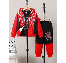 Young Boy 3Pcs/Set Windproof Spider Printed Hooded Jacket, Sweatshirt And Long Pants Outfit For Autumn And Winter,4Y