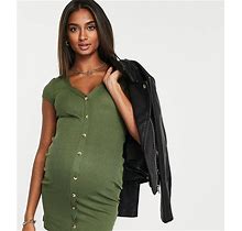 ASOS DESIGN Maternity Ribbed Cap Sleeve Mini Shirt Dress In Khaki-Green - Green (Size: 6)
