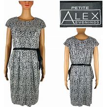 Alex Evenings Womens 10P Petites Dress Silver Sequin Shiny Floral Belted EUC