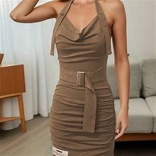 Solid Color Ruched Belt Dress, Women's Backless Halter Button Sleeveless Y2k Women's Clothing Dress,Camel,All-New,Temu