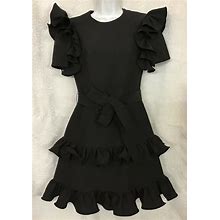 Valentino Dress Black Short-Sleeved Ruffled A Line Waist Tie Nwt Altered Size 2