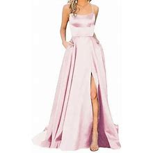 Elegant Hight Split Evening Maxi Dress Lace-Up Long Dresses Navy Blue Sleeveless High Waist Party Dress-Pink-L