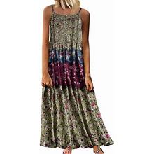 Women Vintage Bohemian Print Floral Sleeveless O-Neck Straps Maxi Dress Comfy Dress For Women Women Dresses Summer Casual