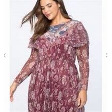 Eloquii Dresses | Eloquii Nwt Retro Ruffle Long Sleeve Modest Shark Bite Midi Floral Dress | Color: Purple/Red | Size: 16