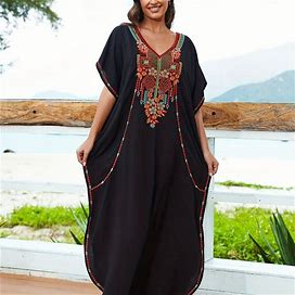 Plus Size Boho Kaftan Dress, Women's Plus Geo Embroidered Batwing Sleeve V Neck Split Maxi Dress, Long Dresses,Temu