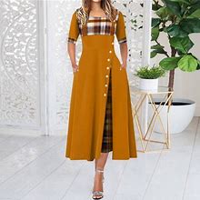 Dyfzdhu Dresses For Women Vintage Casual Plaid Patchwork Button Fashion Short Sleeve Maxi Dress Plus Size Yellow