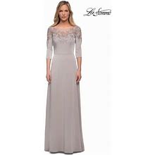La Femme Embroidered Illusion Gown Size 8 Curvy Silver Gray Dress NWOT MSRP$468