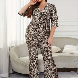 Plus Size Leopard Print Zip Up V-Neck Jumpsuit, Women's Sexy Long Sleeve V Neck Clothing Jumpsuit,Multicolor,All-New,Temu