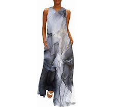 Dresses For Women 2023 Maxi Dress Loose Elegant Long Dress Sleeveless Split Beach Floral Dresses Grey M
