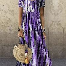 Tie Dye Striped Print Dress, Women's Casual Crew Neck Short Sleeve Ankle Dress Women's Clothing Striped Dress,Purple,Customer-Approved,Temu