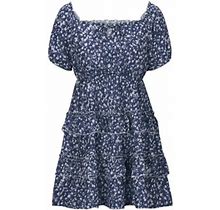 Honeeladyy Deals Women's Summer Short Sleeve Dress Smocked Tiered Square Neck Dress High Waist Country Style Dress Retro Floral Dress Navy