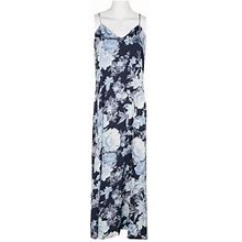 Connected Apparel V-Neck Spaghetti Strap Floral Print Satin Dress With Pockets-NAVY Blue / 12