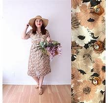 SIZE M/L 1940S Brown Autumn Floral Dress / 40S A Line Sheer Floral Dress / Autumn Cottagecore Side Snap Daisy Dress