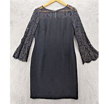 Talbots Petite 10 Medium Black Sheath Dress Lace Flutter 3/4 Sleeves