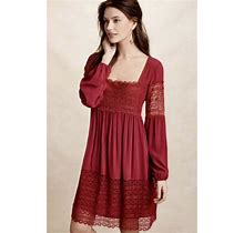 Anthropologie Aveline Lace Dress Long Sleeve Red Wine Babydoll Crepe 4