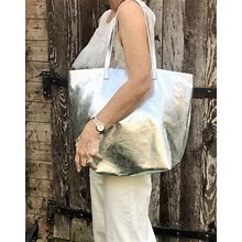 Italian Leather Silver Slouch Bag, Bohemian Tote Purse, Leather Shopper, Women's Leather Market Bag
