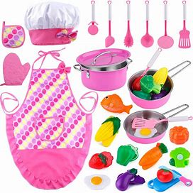 INNOCHEER Play Food For Kids Kitchen Cooking Playing Set, 26 PCS Kids Kitchen Playset Accessories With Chef Hat Apron Dress Up, Toddler Cooking Chef