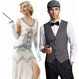Retro Vintage Roaring 20S 1920S Flar Dress Outfits Waistcoat Couples Costumes The Great Gatsby Gentleman Men's Women's Sequins Tassel Fringe New Year