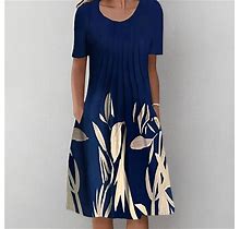 Women's Casual Dress Shift Dress Midi Dress Navy Blue Short Sleeve Floral Ruched Spring Summer Crew Neck Basic Daily Vacation Weekend 2023 S M L XL XX
