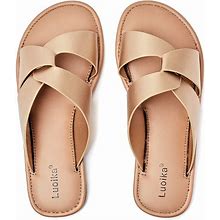 Luoika Women's Wide Width Flat Slides Sandals, Strapy Slide Sandal Slip On Dressy Summer Shoes For Women.