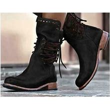 New Women's Round Toe Lace Up Flat Ankle Boots Retro Rivet Retro Shoes Size