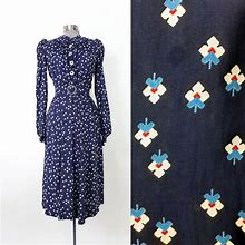 Vintage 30S 40S Geometric Orchid Print Rayon Dress W/ Acrylic Buttons | Belted Belt Ww2 Era Crown Zipper Peter Pan Collar Floral Wwii 1940S