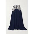 Oscar De La Renta Cape-Effect Embellished Stretch-Silk Crepe Gown - Women - Navy Dresses - XL