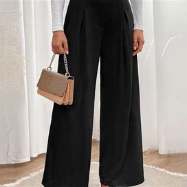 Solid Wide Leg Pants, Elegant High Waist Pants With Pocket, Women's Clothing,Black,All-New,Temu