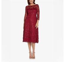 Adrianna Papell Sequin Embroidery Flared Midi Dress Illusion Size 6