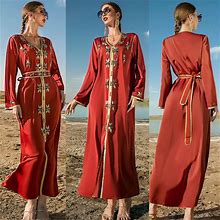Moroccan Rhinestone Women Long Sleeve Maxi Dress Dubai Robe Muslim Abaya Caftan