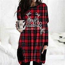 Women Christmas Long Sleeve Pocket Dress Top Ladies Casual Pullover