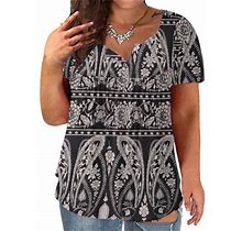 Qleicom Women's Plus Size Henley V Neck Button Up Tunic Tops, Floral Casual Swing Short Sleeve Shirts, Casual Boho Floral Print Loose Tops, Tees & Blo