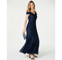 R & M Richards Off-The-Shoulder Lace Gown - Navy - Size 16