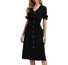Simple Flavor Women's Summer Casual Linen Dress Short Sleeve Button Down Midi Skater Dress With Pockets(3144HS,S) Black