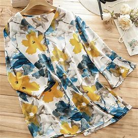 Plus Size Floral Print Top, Casual V Neck Long Sleeve Top, Women's Plus Size Clothing,Yellow,Trending,Temu