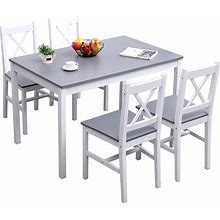 Soges 5 Pieces Dining Table Set, Pine Wood Kitchen Dining Table With 4 Chairs For Kitchen Dining Room Furniture.White And Grey,BSB-023