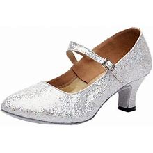 Liangp Women's Heel Shoes Mid-High Heels Glitter Dance Shoes Women Ballroom Latin Tango Rumba Dance Shoes Ladies Shoes White Size 5