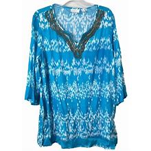 Chico's Size 3 Blouse Ikat Kate Top 3/4 Sleeve Blue Tang Embellished