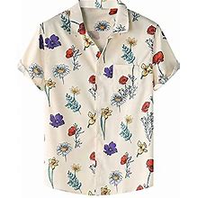 Men's Classic Shirts Short Sleeve Spread Collar Printing Tops Lightweight Button-Up Shirt (Multicolor, M)