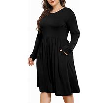 POSESHE Women's Plus Size Dresses Long Sleeves Crew Neck Casual Dresses Empire Waist Loose Flowy Dress With Pockets