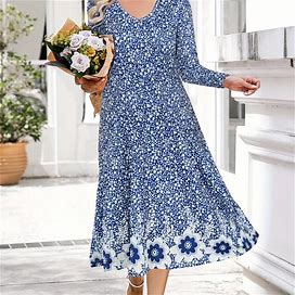 Floral Print Long Sleeve A-Line Dress, Casual V Neck Midi Length Dress, Women's Clothing,Navy Blue,All-New,Temu