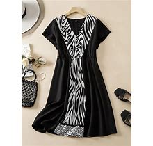 Plus Size Zebra Print Splicing V-Neck Dress,4XL